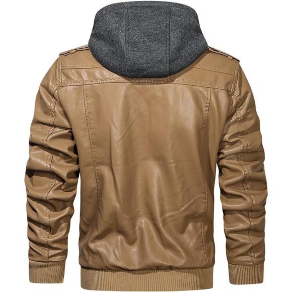 Khaki Beige Faux Leather Motorcycle Bomber Jacket Zip Up Hoodie Removable‎ Hood - Picture 5 of 6